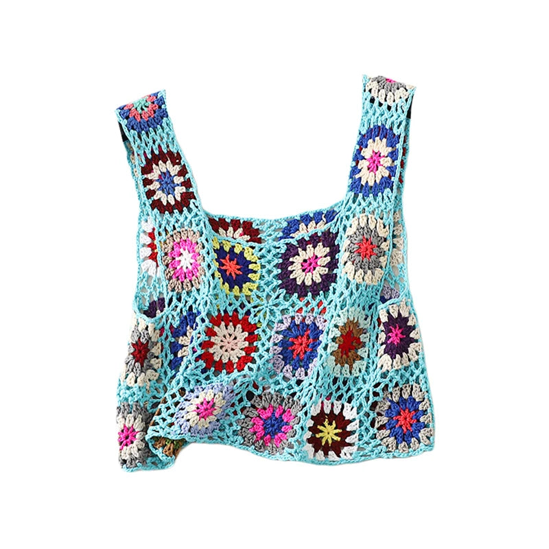 Women´s Summer Sleeveless Tops Colorful Hand Crochet Embroidery Openwork Knit Tank Tops