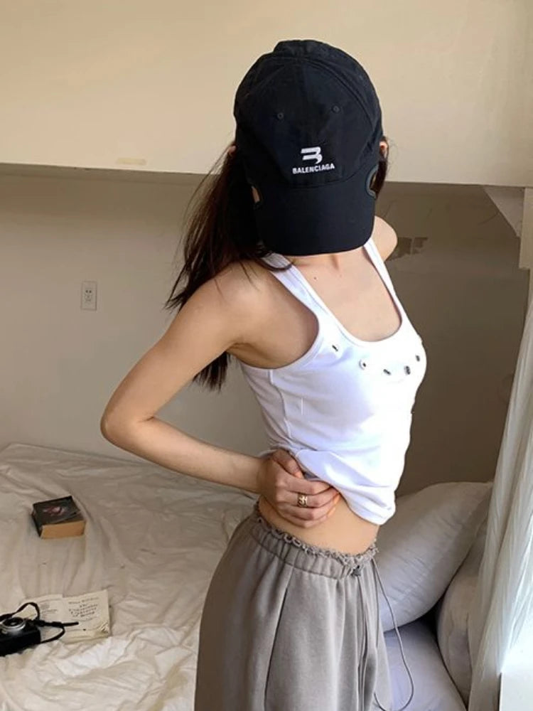 Tanks Women O-neck Sleeveless Hotsweet Hip Hop New American Style Streetwear Leisure Cool 3D Decoration Crop Tops Harajuku Solid