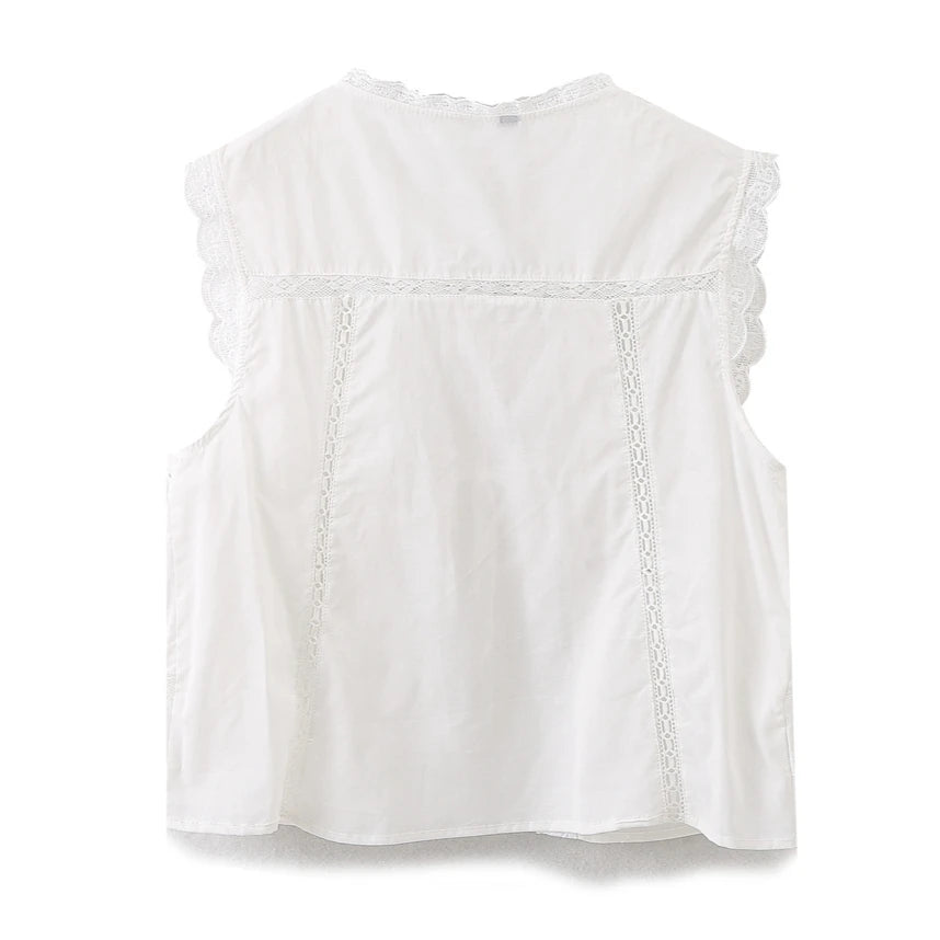 Sleeveless Lace-up Summer Blouse Cotton Floral Embroidered lace Blouses Shirts Women Tops Vintage Boho Beach Wear Casual Blusas