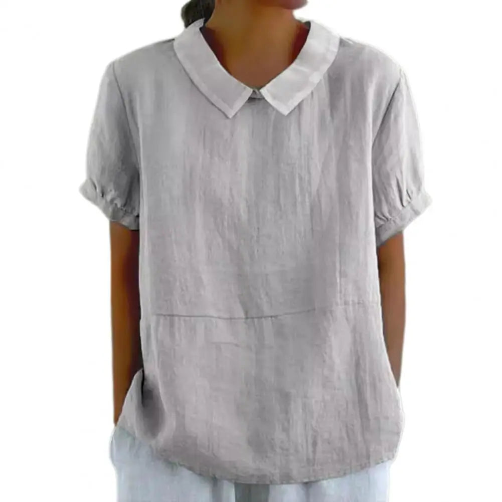 2026 Cotton Linen Women Blouse Lapel Short Sleeve Breathable Top Loose Fit Blouse Round Neck Soft Fabric Summer Blouse 80%
