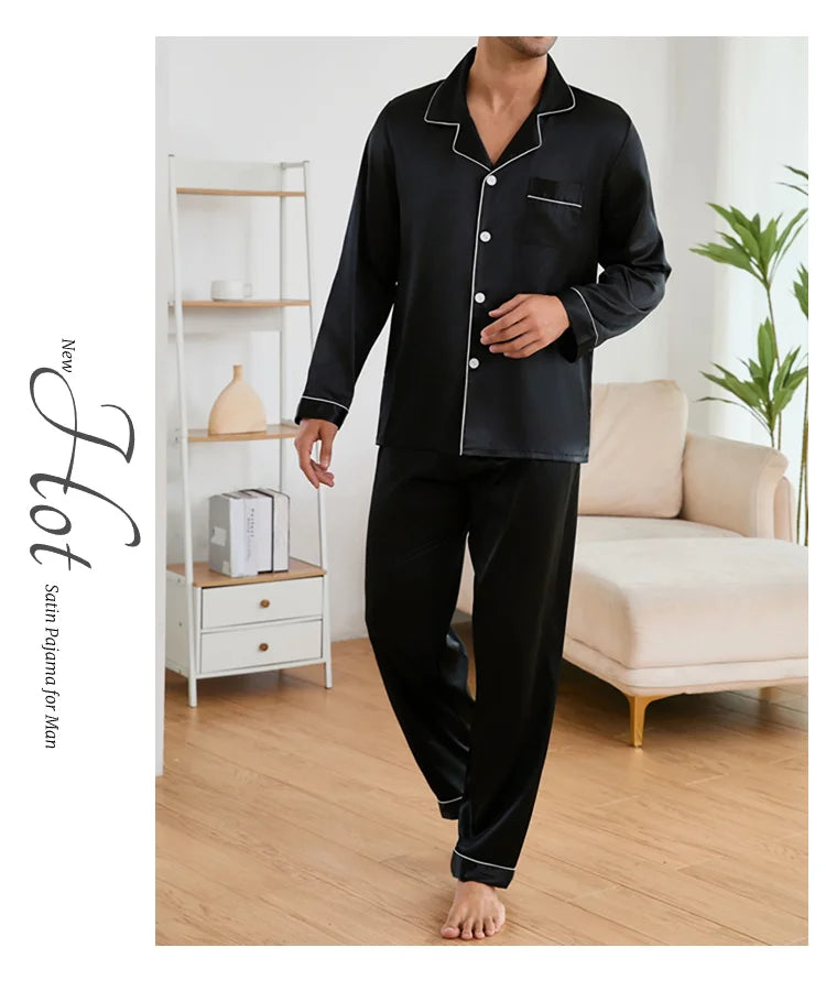 Men Sleepwear Satin Pajama Sets Long Sleeve Tops with Trousers Pajama Pj Sets Soft and Comfortable Autumn Pajamas Loungewear Set