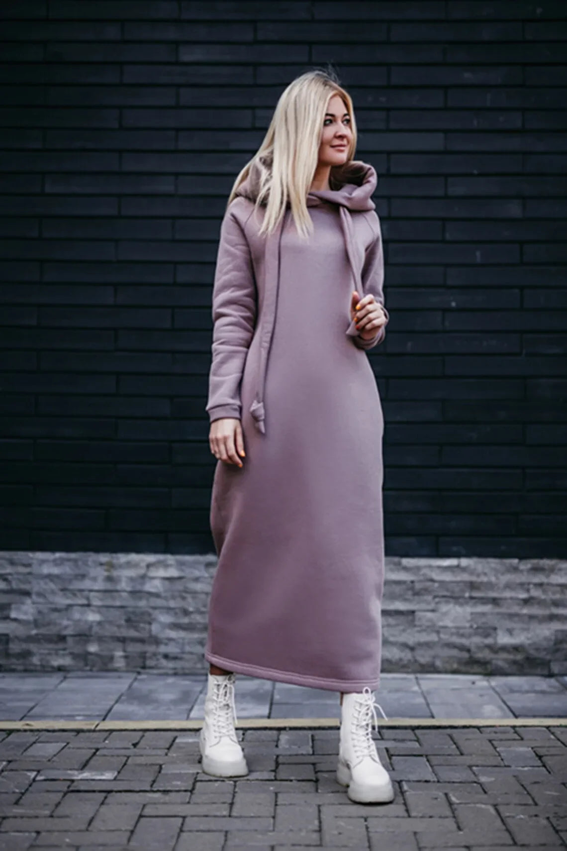 Women Fashion New Loose Large Knitted Hooded Autumn Winter Long Dress Velvet Hoodie Dress Casual Dress Splicing Warm Dress