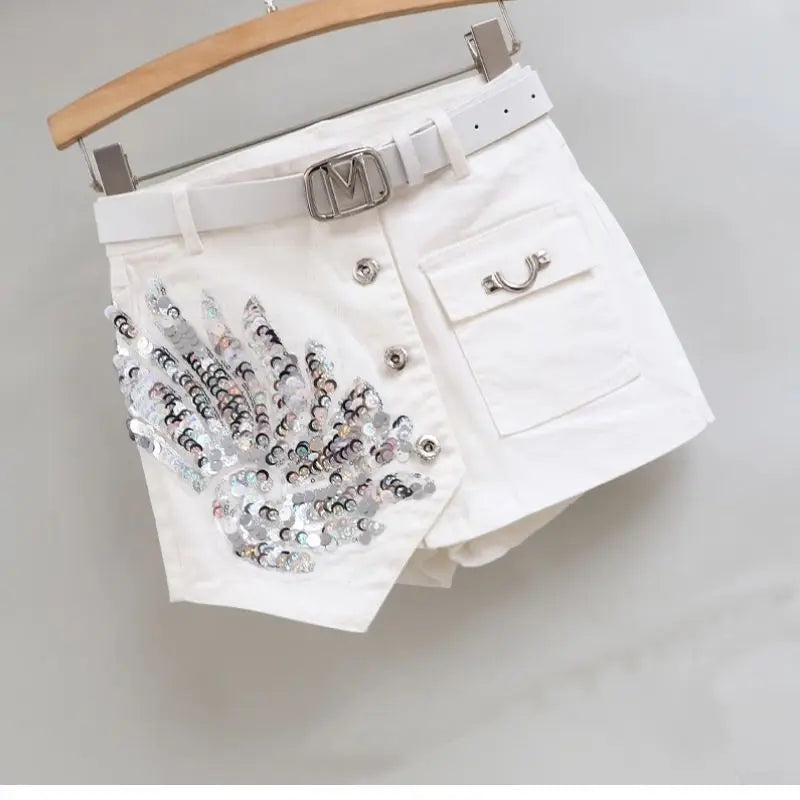 Fashion Sequin Denim Short Skirt Women Spring/Summer 2025 New Korean High Waist Slim Irregular Sexy Hot Pants White Black Casual