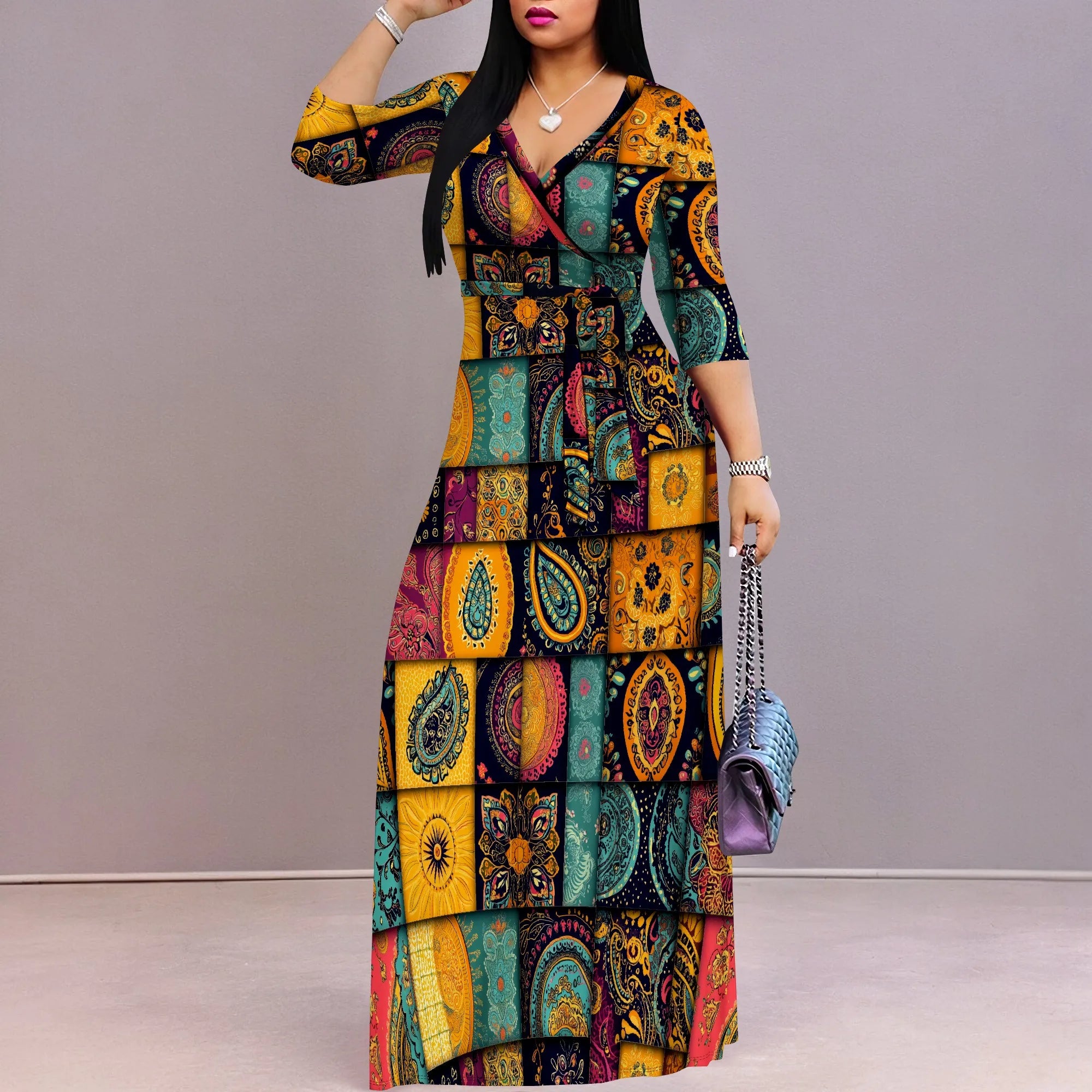 Plus Size Dresses for Women Print Maxi Dresses Flowy 3/4 Sleeve with Belt