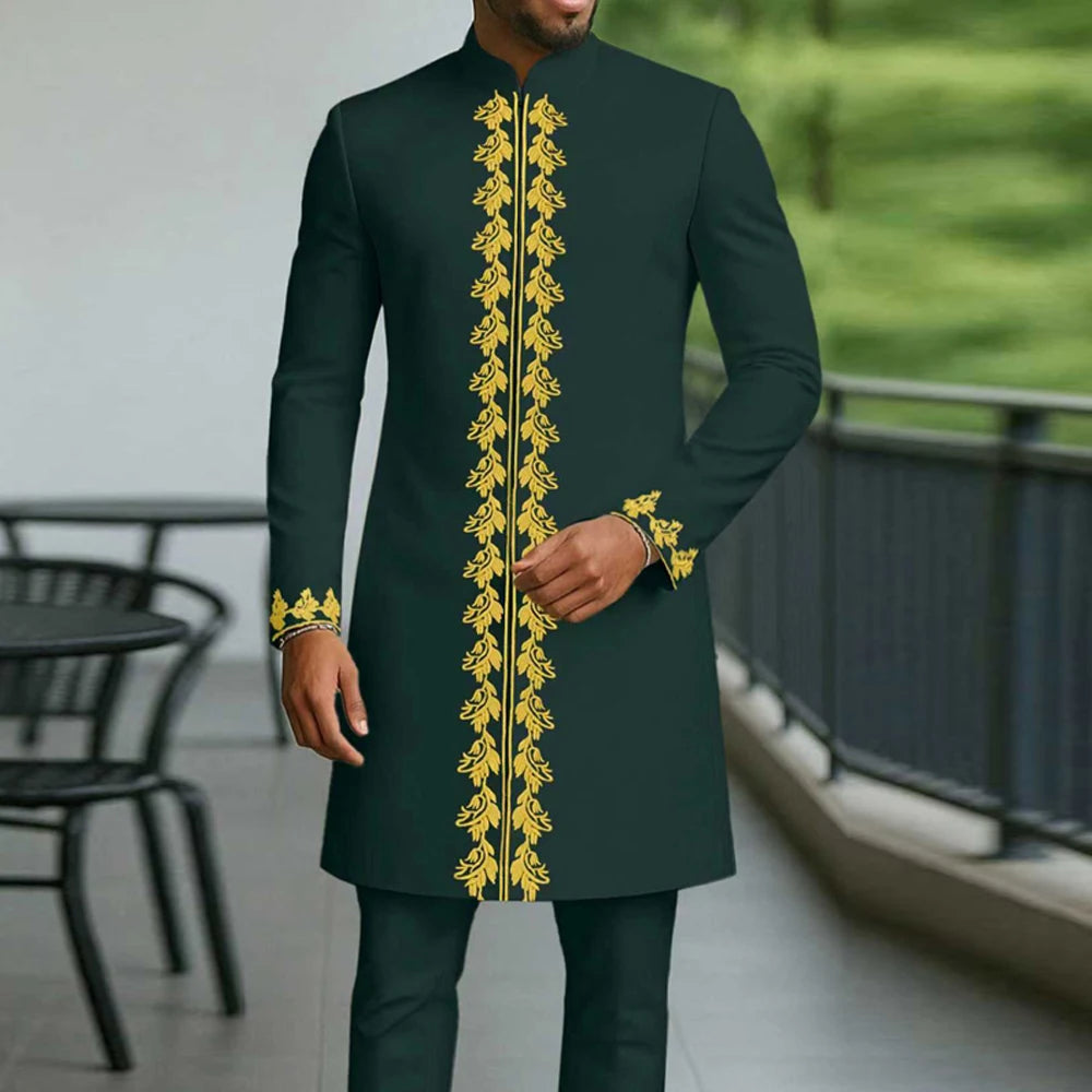 Kaftan Men Wedding Suits Groom Embroidered Pocket Top And Pants Kaunda Suit African casual Outfits Party Fashion Two-piece Set