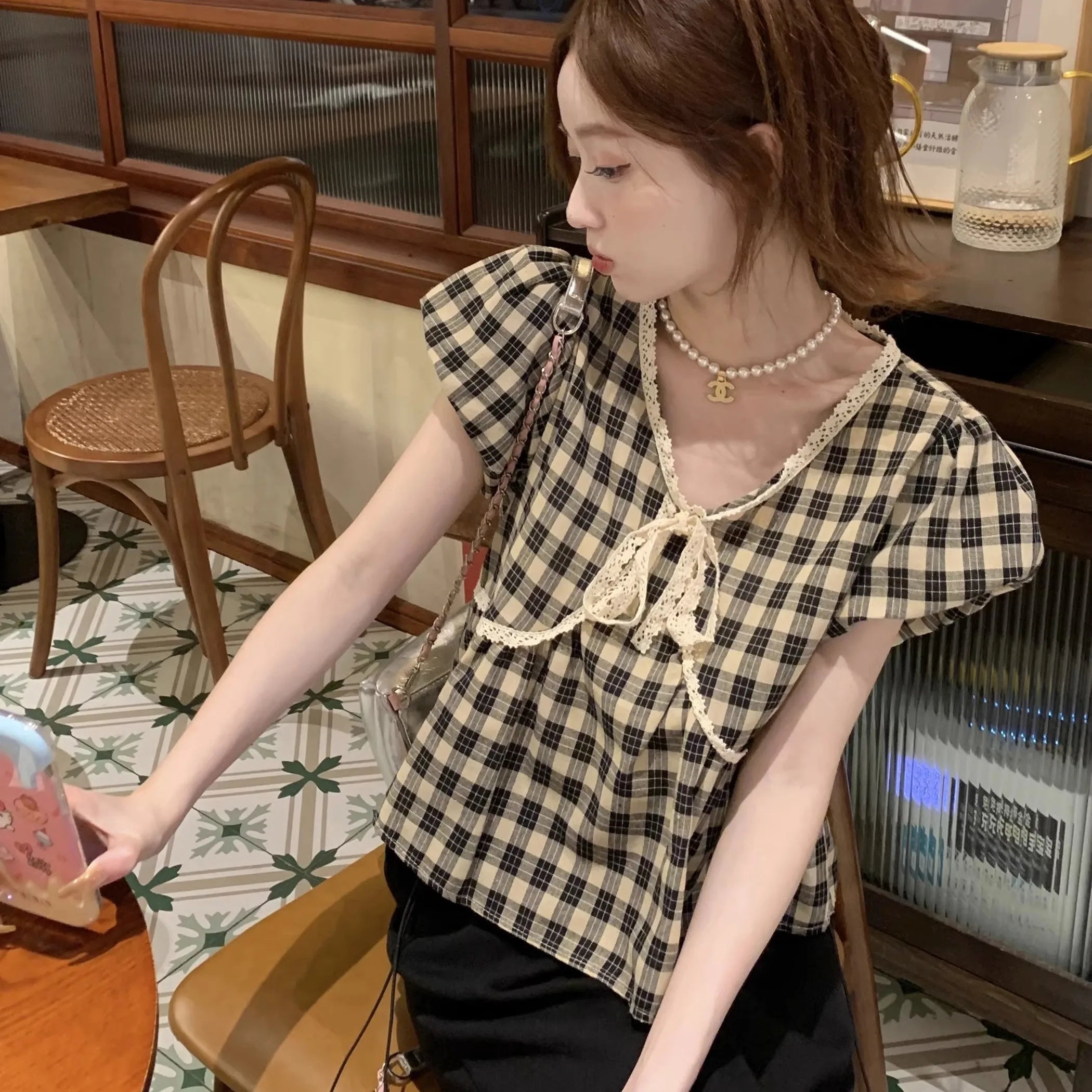 Blouses Women Plaid Vintage Literary Summer Short-sleeve Sweet Crop Tops Lace-up Aesthetic Prairie Chic Students French Style