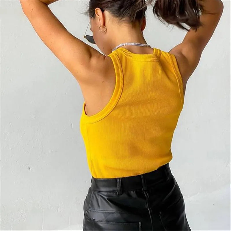 Tank Tops Women Yellow Casual Vest Sleeveless Camis Shoulder Women&