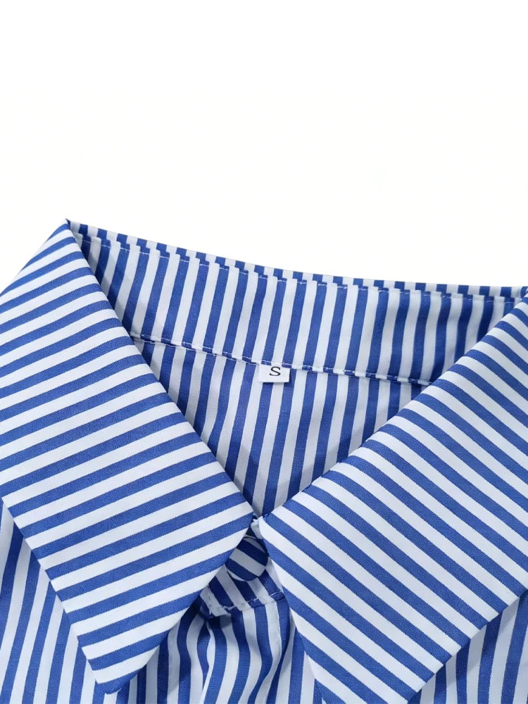 Womens Blue White Striped Cropped Button Down Shirt Slim Fit Short Puff Sleeve Y2K Vtg Casual Office Summer 2026 Chic Blouses