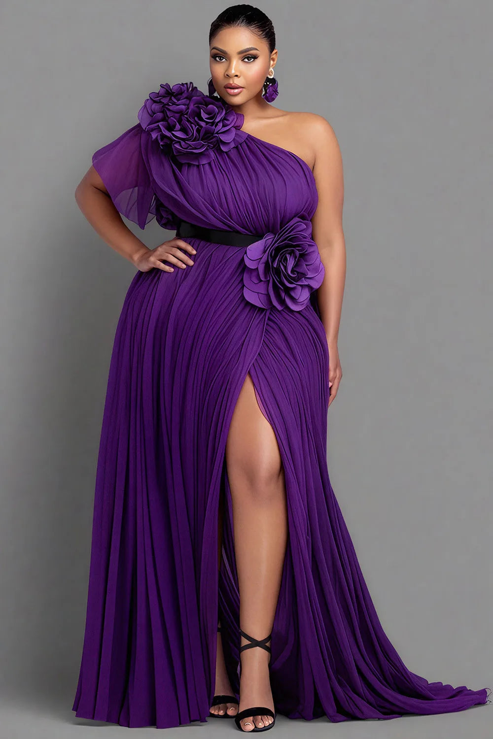 Plus Size Formal Purple One Shoulder Short Sleeve 3D Elegant Split Chiffon Maxi Dresses