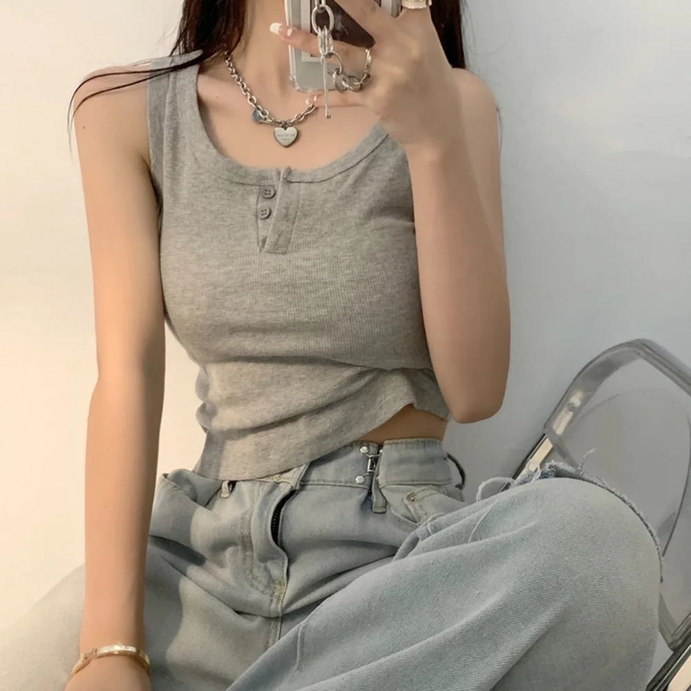 Tank Top for Women Ribbed Button Down Sleeveless Blouse Solid Color Casual Women&