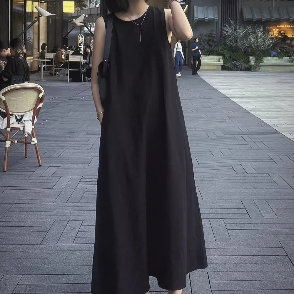 Solid Summer Sleeveless Dress Round Neck Simple Vocation Vest Dresses Beachwear Hollowed Out Open Back Long Dress Teens