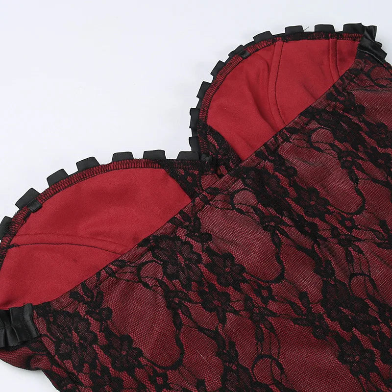 Tube Top Gothic Printed Lace Trim Sleeveless Metal Buttons Lace-up Corsets Tank Top Court Elegant Fairy Grunge Top