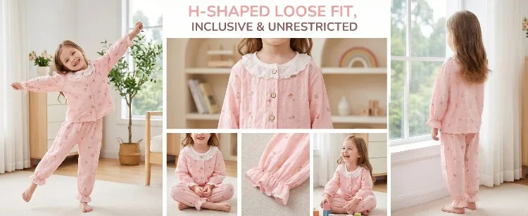 Summer Child Clothing Sets in Air-conditioned Room Girls Breathable Comfortable Long Sleeve Lace Home Clothes Sets Kids Pajamas