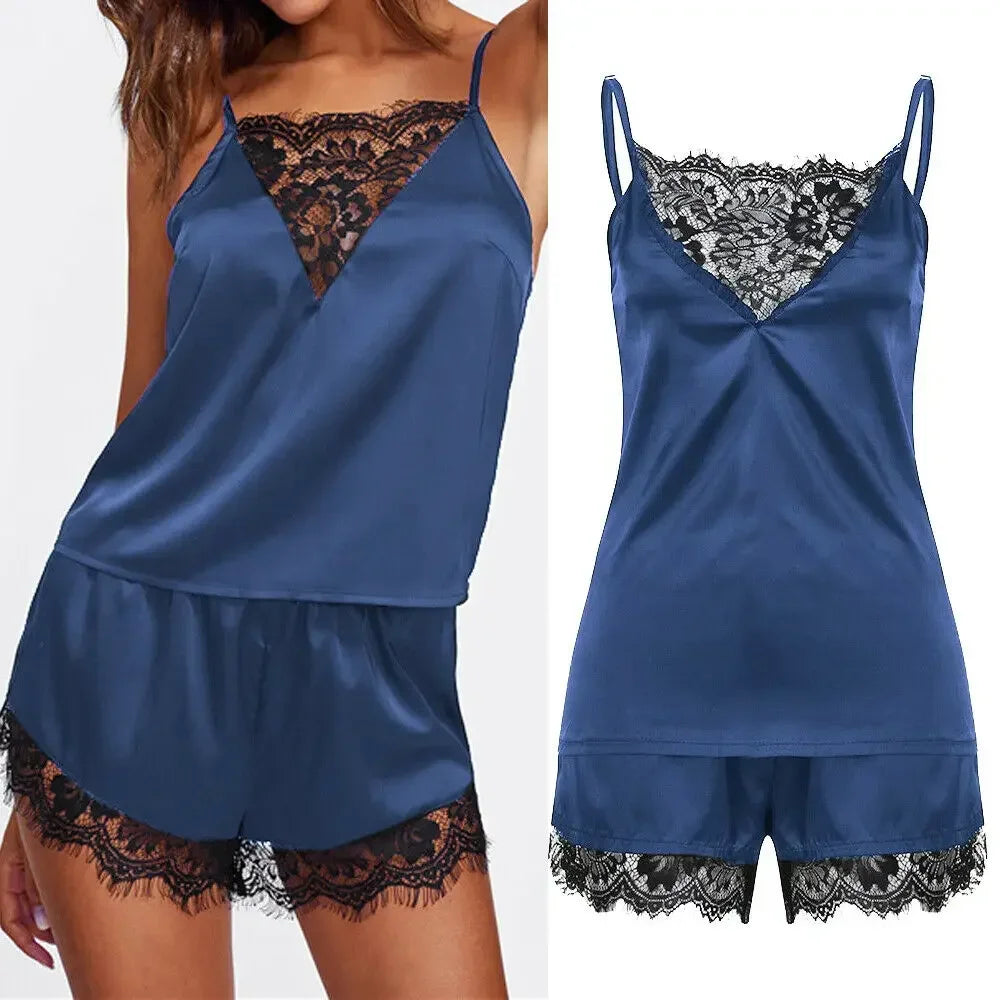 Women Ice Silk Pajamas Sleepwear Pajama Set Nightgowns Nightdress Camisole Shorts Black Red L XL Lace Casual Sexy Smooth 파자마