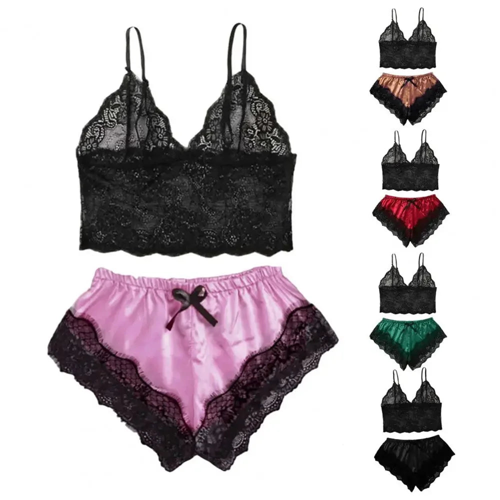 Women Pajamas Set Sexy Satin Lace Sleepwear Lingerie Ladies Elastic Suspender Shorts Nightwear Suits Sleeveless Underwear Tops