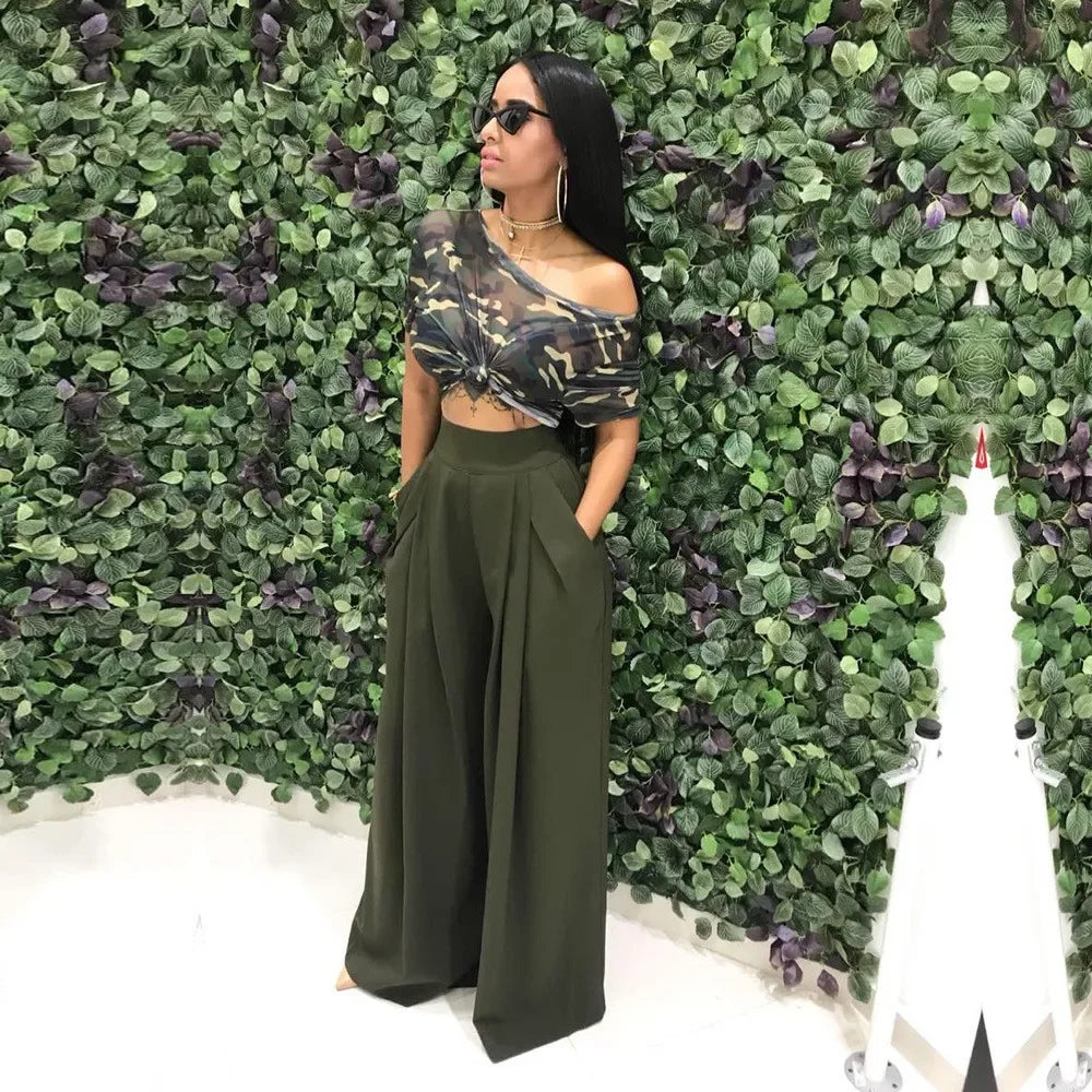 Women Casual Loose Palazzo Pants Autumn High Waisted Wide Leg Trousers Pleated Long Culottes Pants Elastic Waist Trouser Pockets