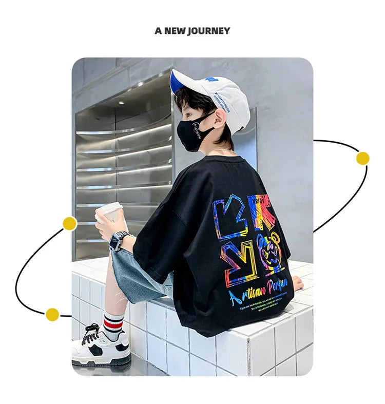 Kids Summer Clothes T-shirt for Boy Short Sleeve Cotton Tshirt Outfits Teenage Children Cartoon Print Clothing Age 5 To 14 Years