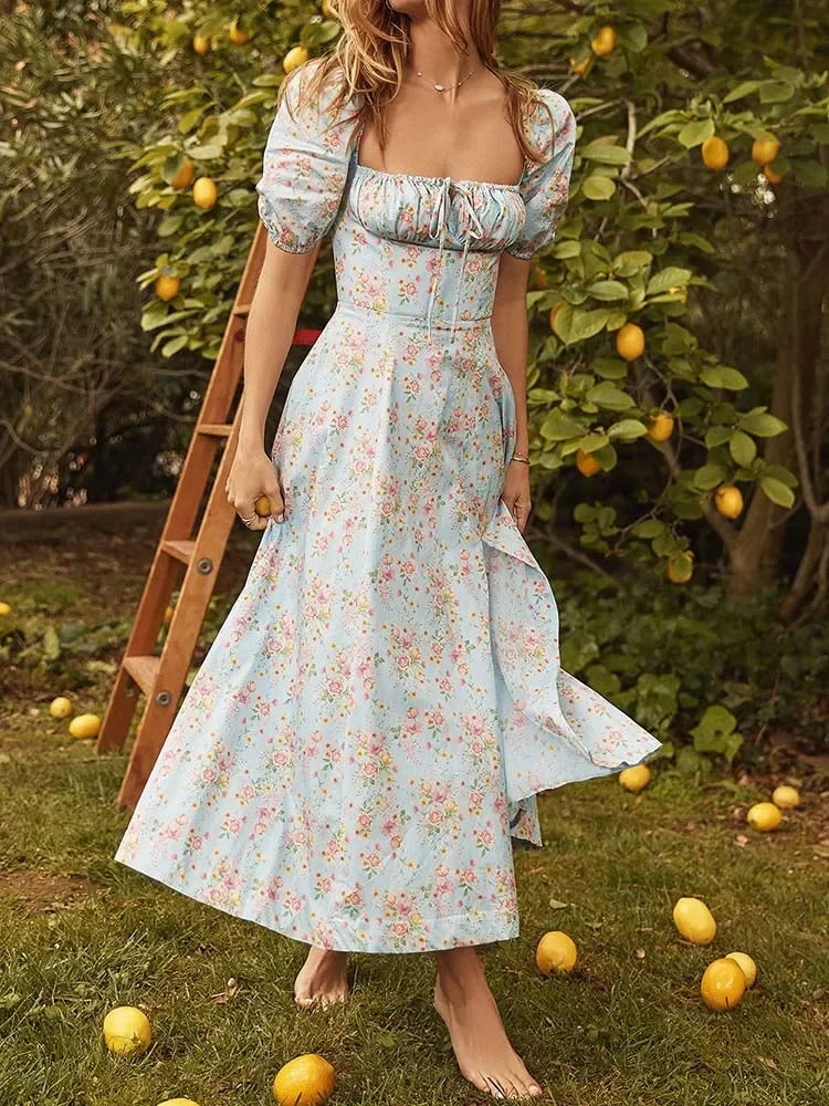 2025 New Fashion Women Floral Print Elegant A Line Long Dresses Casual Spring Summer Chic Party Maxi Dress Robe Femme