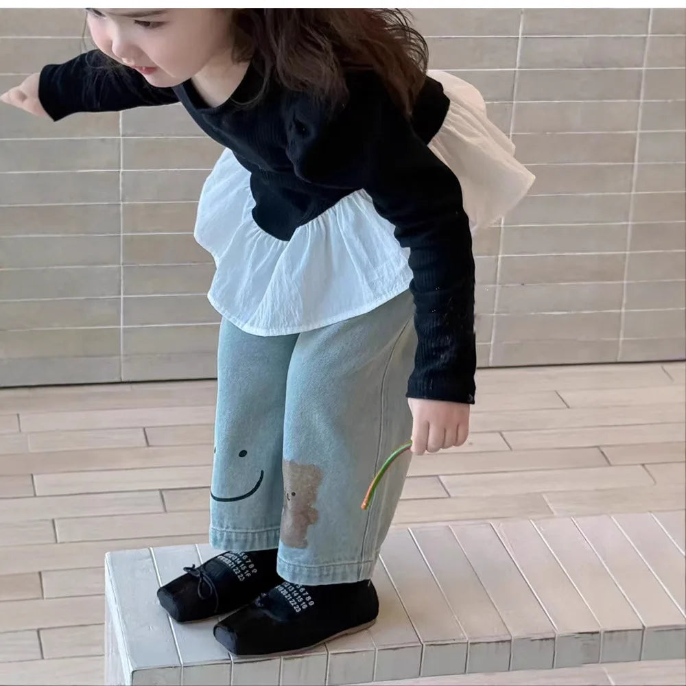 Korean Children Clothing 2025 Spring Clothing New Girls Splicing Long-sleeved T-shirt Top Girl Baby Ruffle Edge Bottoming Shirt