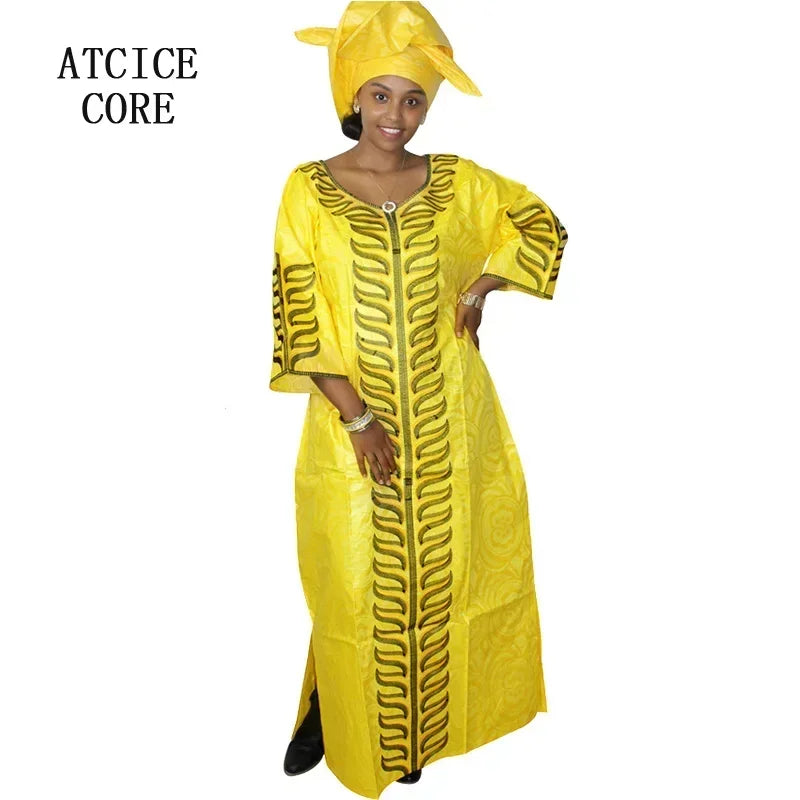 African Plus Size Kaftan Dress Emboridered Full Gown Nightdress Party Casual Dress With Scarf