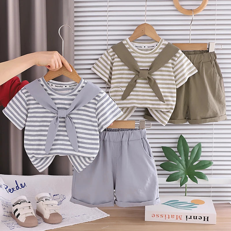 Kids Baby Boys Summer Clothes Sets Infant Kids Cotton Striped T-shirt + Denim Shorts 2Pcs Suit Children&