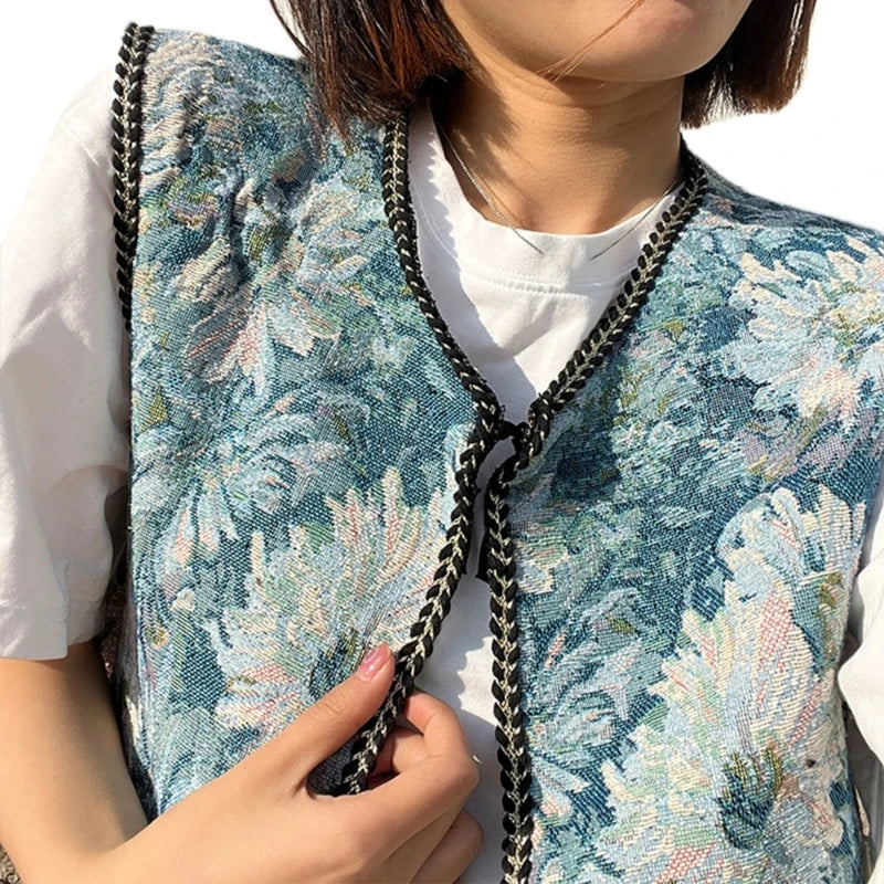 Vintage Floral Embroidery Printed Cardigan Vest Womens Elegant Sleeveless Tops Spring Summer Female Clothing Dropshipping