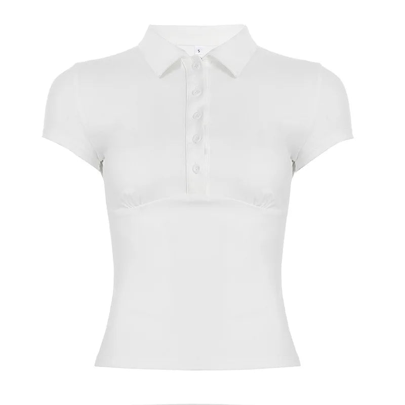 Turn-down Collar T Shirts For Women Streetwear Short Sleeve Crop Top Y2k Clothes Buttons Tshirt Solid Camisetas Slim Ropa Mujer