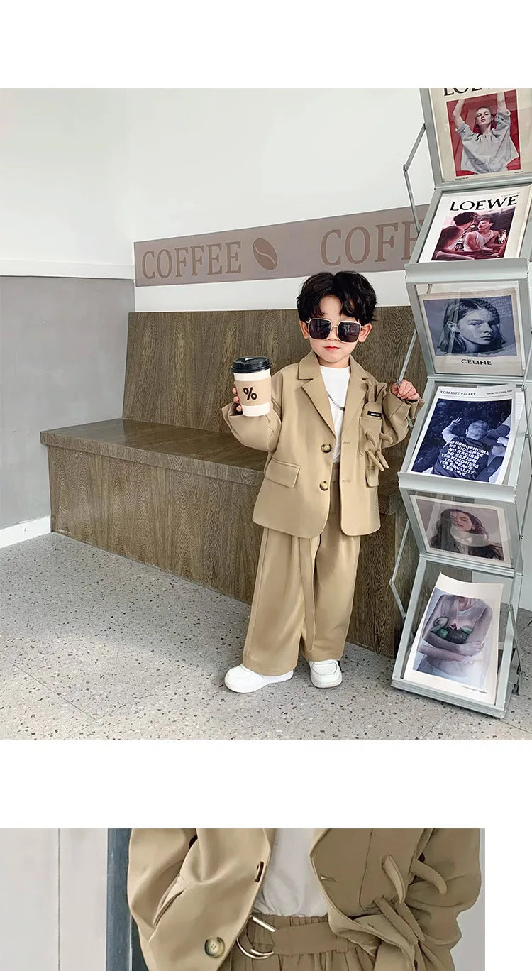Kids Suits Fashion Casual Blazers Wide-legged Trousers 2 Piece Girls Clothes Set Khaki Loose Children Wedding Birthday Costumes