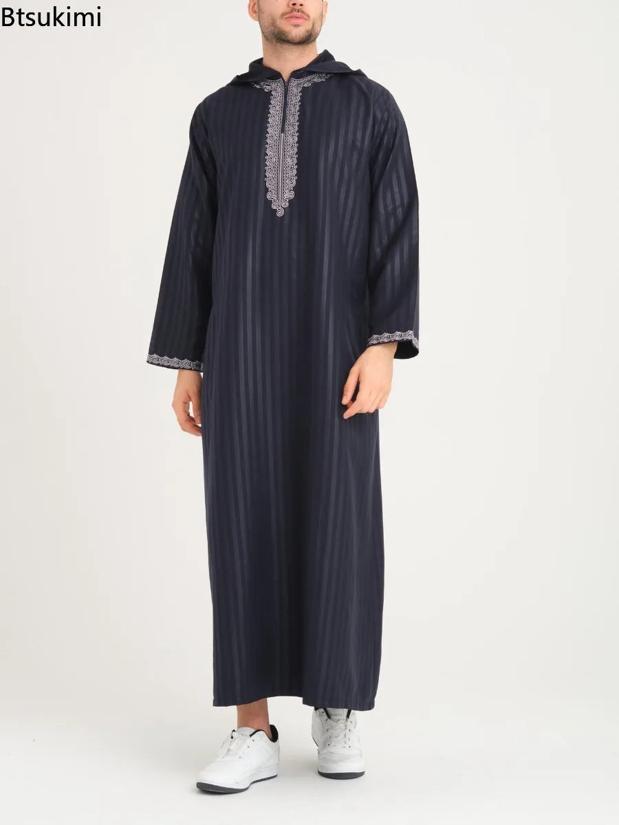 2026 New Middle East Men Clothes Moroccan Robe Muslim Men Dress Luxury Embroidered Hooded Abaya Islamic Kaftan Saudi Arabic Gown