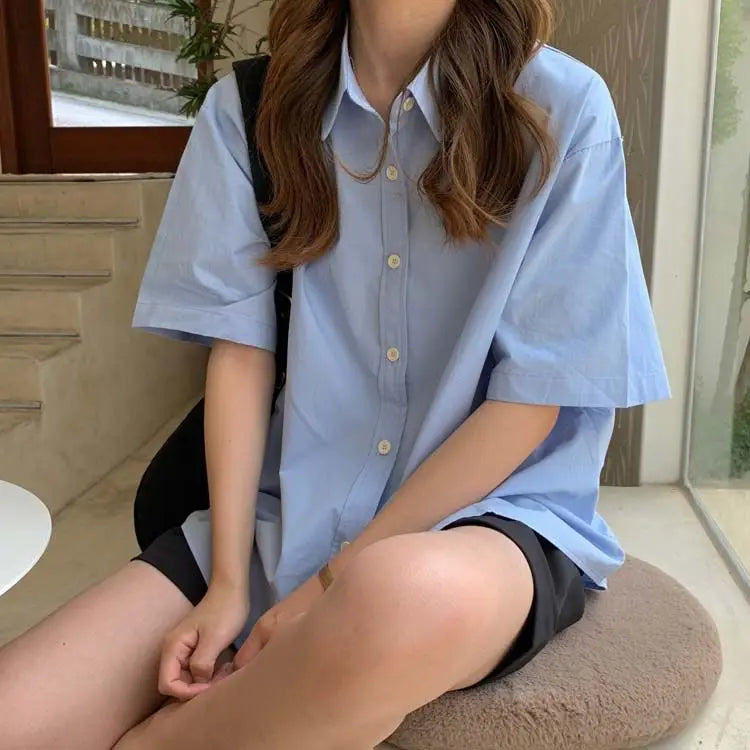 Short Sleeve Shirts Women Solid Cool Unisex College Рубашки Korean Style All-match Basic Mujer De Moda Prevalent Stylish Ins New