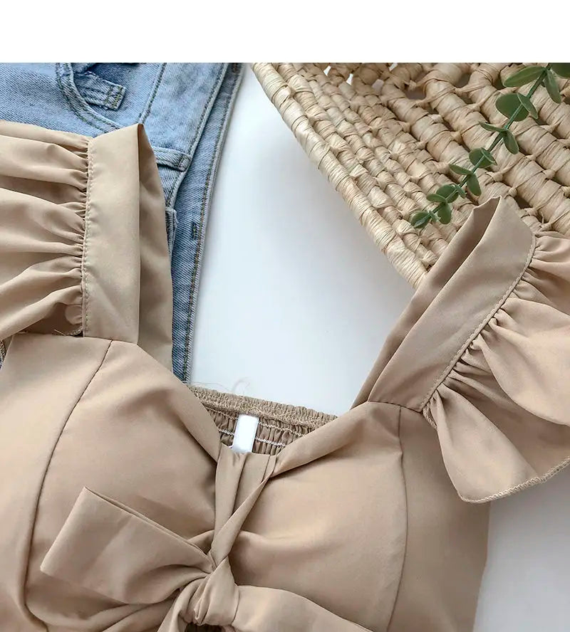 Crop Tops Camis Women Ruffles Sexy Elegant Simple Streetwear Vintage Summer Holiday Casual Young Aesthetic All-match Ulzzang New
