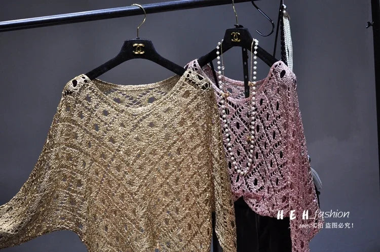 Fall Clothes for Women 2024 Fashion Sexy Sequins Hollow Out Loose Gold Bright Silk Gown Bats Long-sleeved Round Collar Knitting
