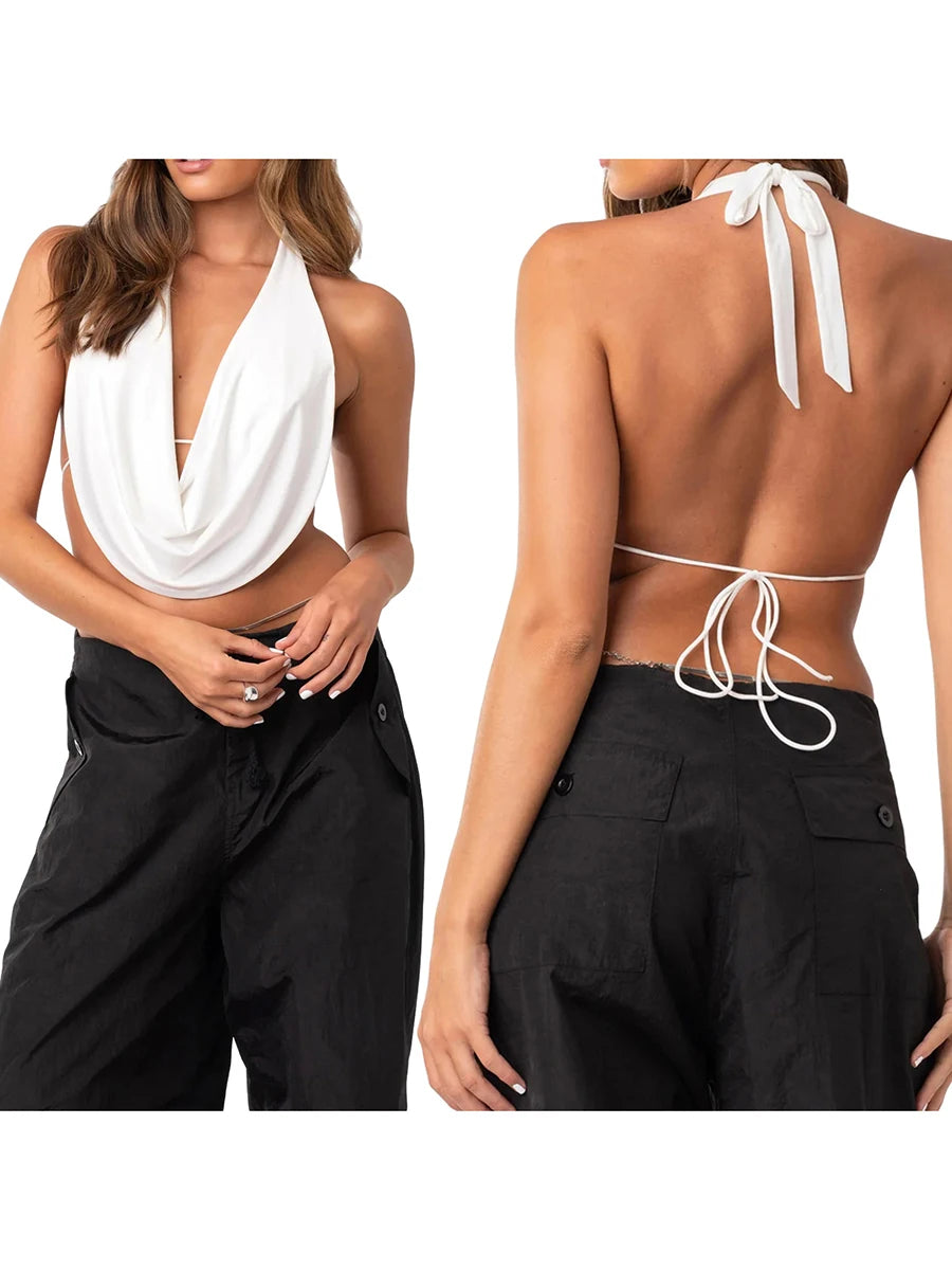 New Fashion Women Halterneck Tops Summer Casual Front Draped Bandage Backless Sleeveless Tops Streetwear
