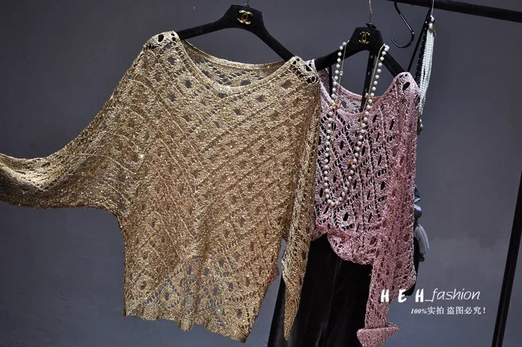 Fall Clothes for Women 2024 Fashion Sexy Sequins Hollow Out Loose Gold Bright Silk Gown Bats Long-sleeved Round Collar Knitting