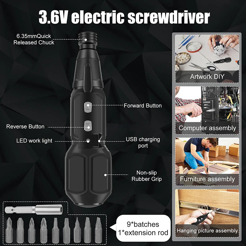 Electric Screwdriver 3.6V Mini Household Screwdriver Anti-Slip Handle Screwdrivers Straight Rod Rechargeable Driver Repair Tool