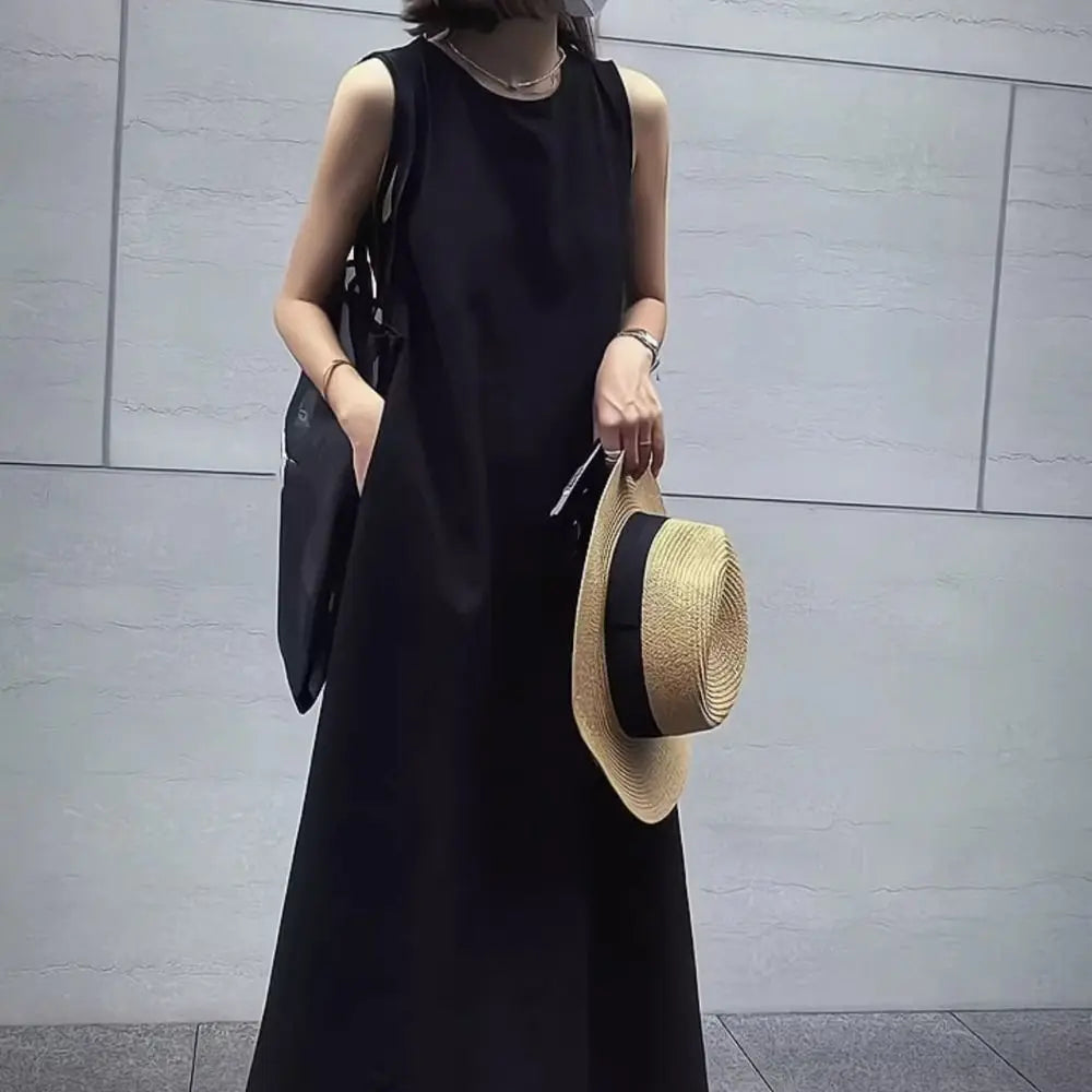 Solid Summer Sleeveless Dress Round Neck Simple Vocation Vest Dresses Beachwear Hollowed Out Open Back Long Dress Teens
