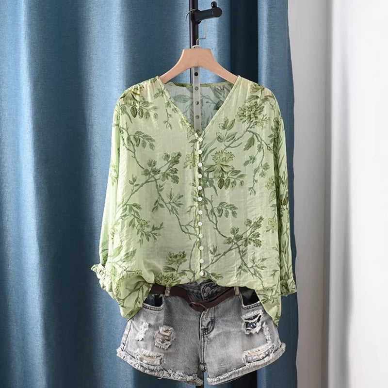 2026 Autumn clothes woman French fashion v neck rose floral print shirts and blouses for women vintage ladies tops