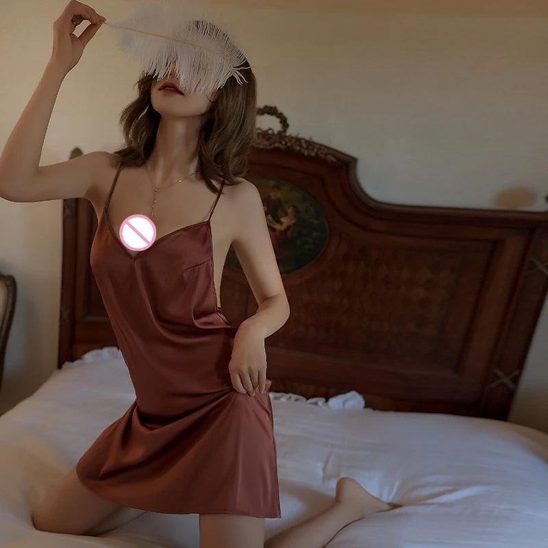 Sexy Pajamas Night Dress Women Sleepwear Deep V Suspender Nightdress Beauty Back Simulation Silk Nightgowns Thin Home Clothes