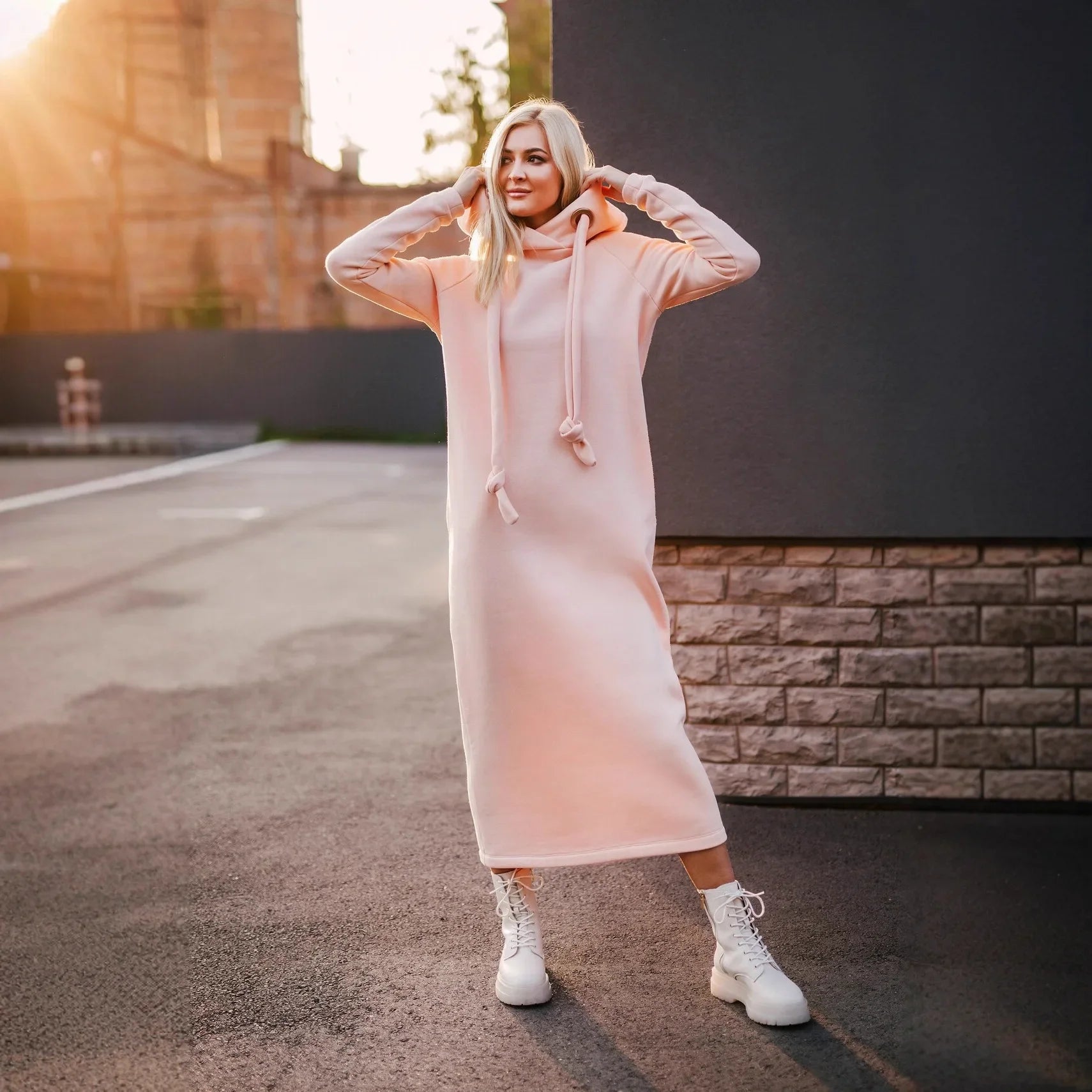Women Fashion New Loose Large Knitted Hooded Autumn Winter Long Dress Velvet Hoodie Dress Casual Dress Splicing Warm Dress