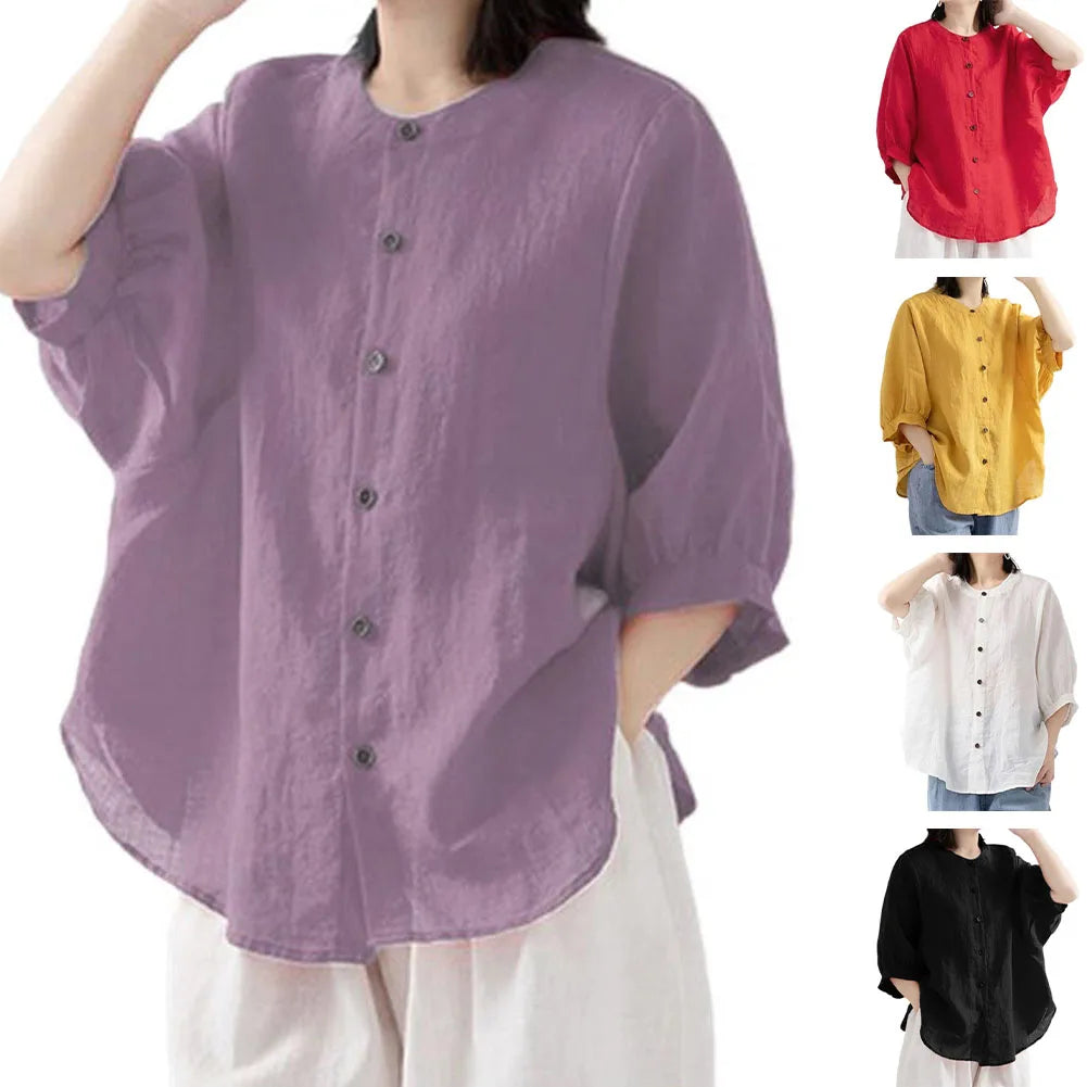 Casual Long Sleeve Cotton Linen Blouses Female Loose Fit Vintage Style Shirts Comfortable Lightweight Breathable Tops