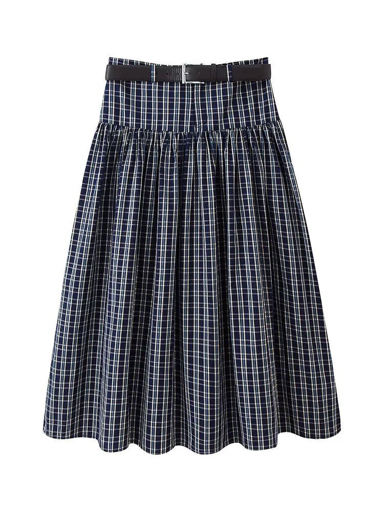 HH Woman Fashion Street Style Skirt Women Fashion Belted Plaid Midi Skirt Zipper Casual Long Skirt High Waist Chic Pleated Skirt