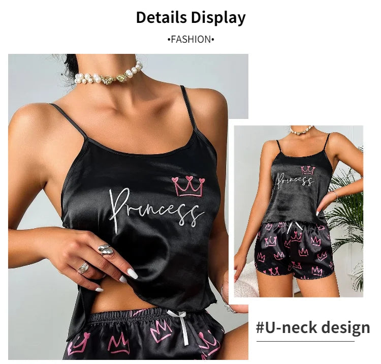 Pajamas Womens Sexy Lingerie Satin Sleepwear Silk Cami Shorts Set Soft Sleep Pjs 2 Piece Nightwear Print Pajamas Mujer Homewear