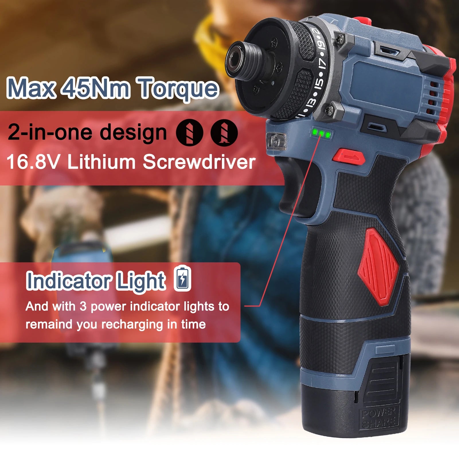 16.8V Multi-function Electric Screwdriver 45Nm Brushless Motor Practical Screw Driver for Home Appliances Furniture Installatio