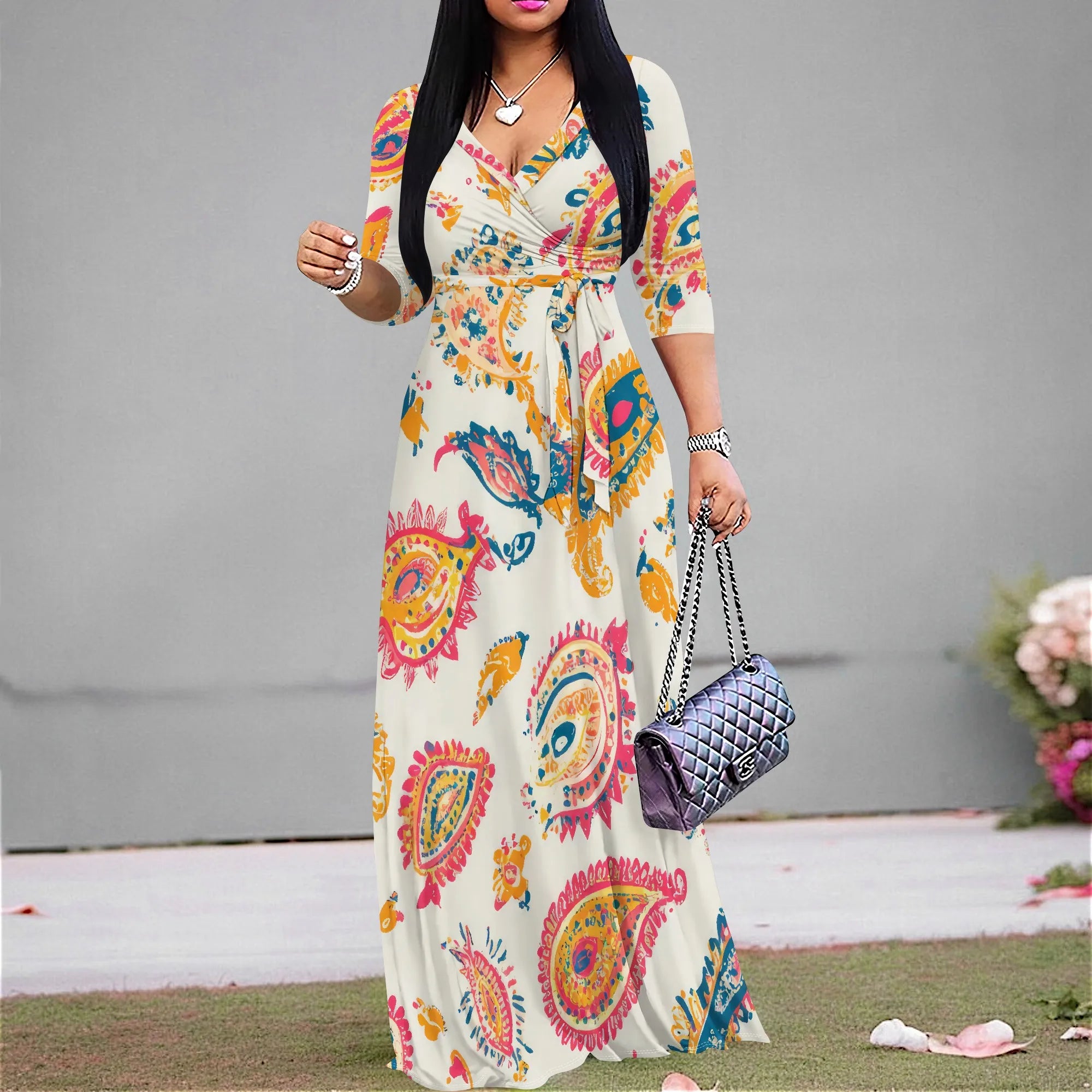 Plus Size Dresses for Women Print Maxi Dresses Flowy 3/4 Sleeve with Belt