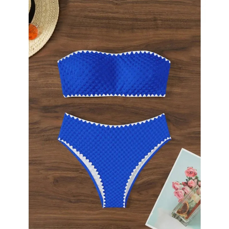 Swimwear White 2 Piece Strapless Swimsuit for Women Sexy Bandeau Backless Bikini Set Lace-up Patchwork Bathing Suit 2025 New