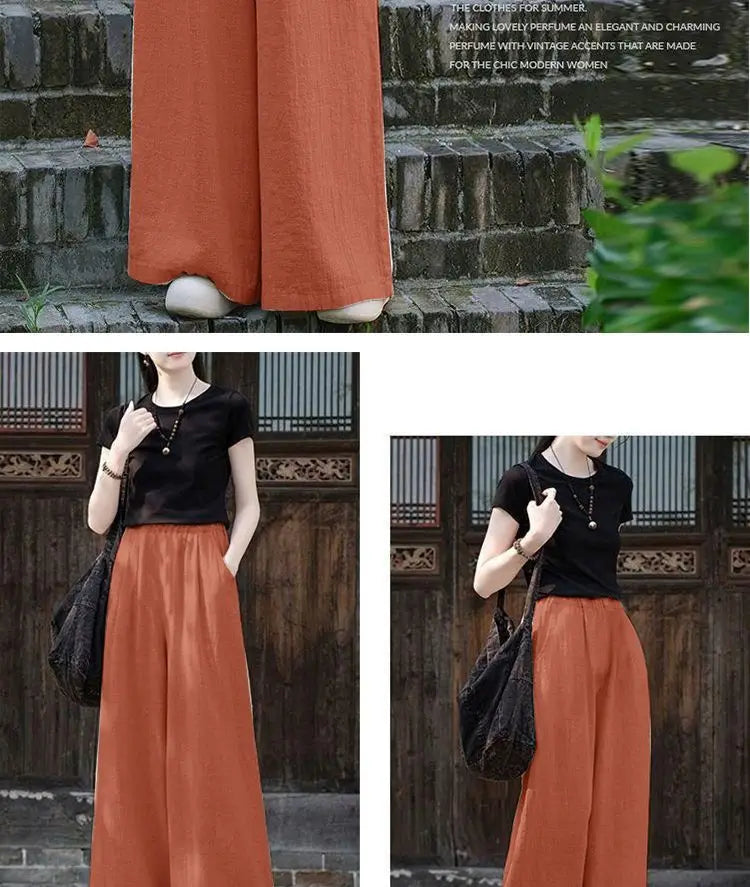 Linen Wide Leg Pants Women Casual Bohemian Loose Flowy Palazzo Pants Summer Spring