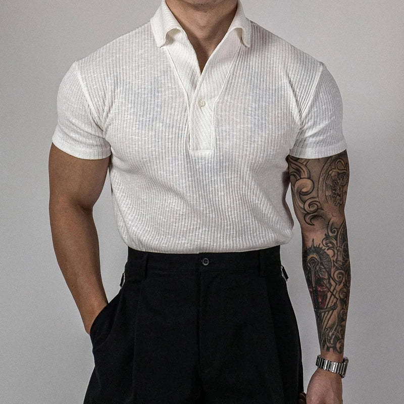 Trendy Ribbed Polo Shirts For Men Sports Fitness Muscle Short Sleeve Slim Stretch Tops Casual Pure Color Lapel Polo Mens T Shirt