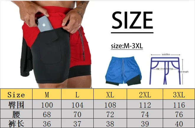 Men Running Shorts 2 in 1 Double-deck Sport Shorts Sportswear Gym Fitness Short Pants Training Jogging Bottom Men&
