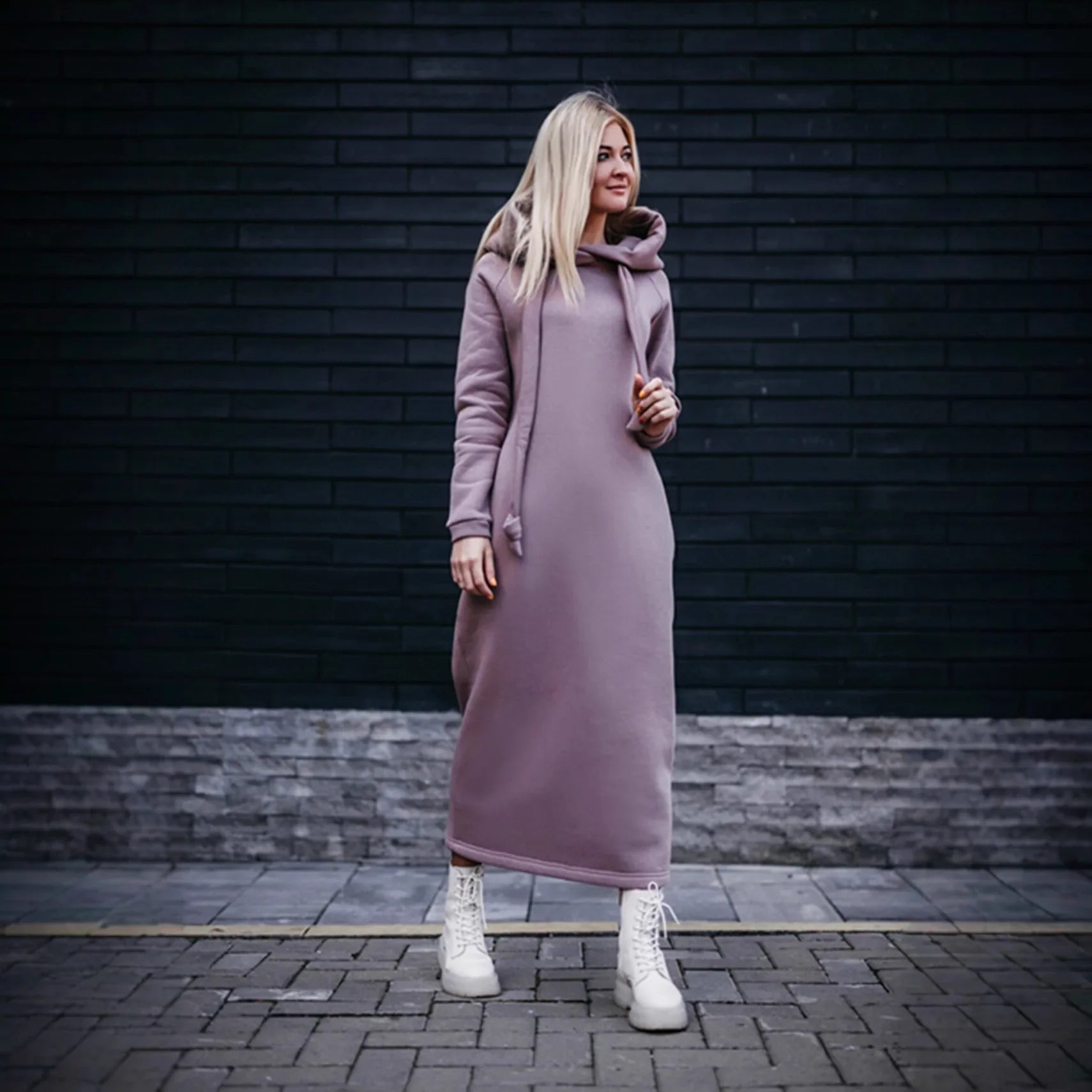 Women Fashion New Loose Large Knitted Hooded Autumn Winter Long Dress Velvet Hoodie Dress Casual Dress Splicing Warm Dress