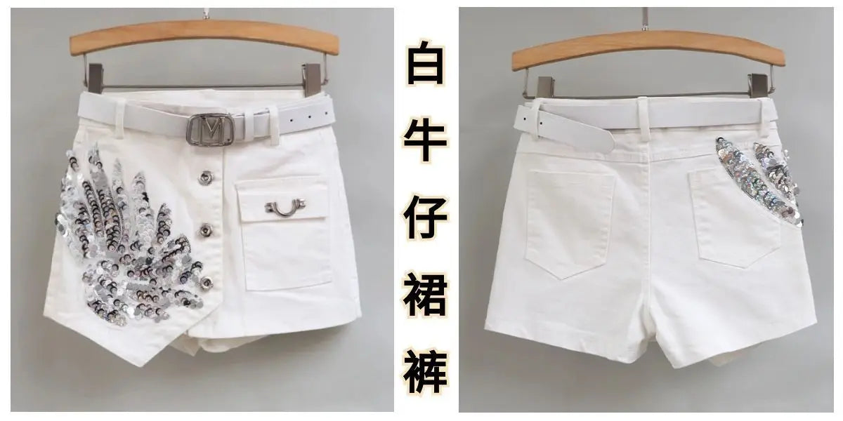 Fashion Sequin Denim Short Skirt Women Spring/Summer 2025 New Korean High Waist Slim Irregular Sexy Hot Pants White Black Casual